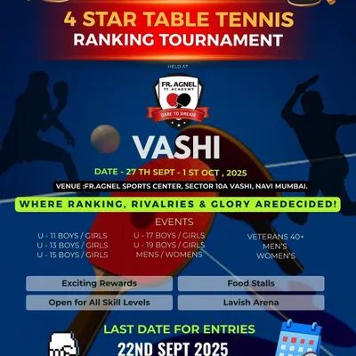 The primary announcement for the prestigious 4 Star Table Tennis Ranking Tournament held in Vashi. This poster clearly outlines all event details, from the wide range of categories to the last date for entries, serving as a central piece of information for all prospective participants.