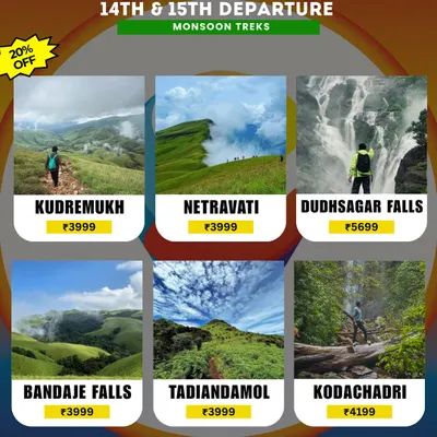 Our Independence Day long weekend offer for 2-day monsoon treks. Choose from Kudremukh, Netravati, Dudhsagar, and more.