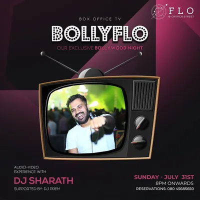 The official event poster for my exclusive "Bollyflo" Bollywood night. This graphic highlights the unique audio video experience I provide, where I perform as a VDJ, mixing visuals live on screen.