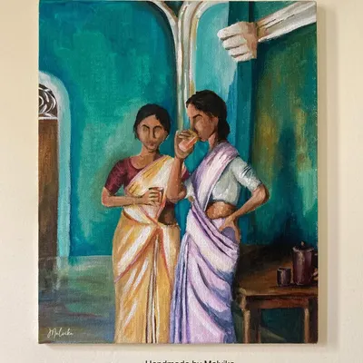 This acrylic painting on canvas is my recreation of a beautiful photograph from a documentary on Kathak. I was drawn to the quiet moment of two women in sarees sharing a cup of tea, and I used rich, deep colors to capture the mood.