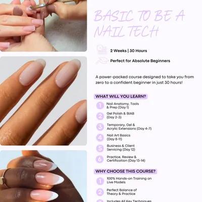 Perfect for absolute beginners. Our 30-hour 'Basic to be a Nail Tech' course takes you from zero to confident beginner in just two weeks, covering nail anatomy, gel polish, basic extensions, and client servicing.