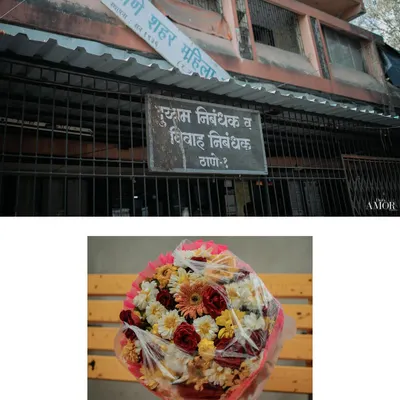 The start of a forever journey at the Thane marriage registration office. This collage captures the official beginning and the simple, beautiful bouquet that marked the occasion.