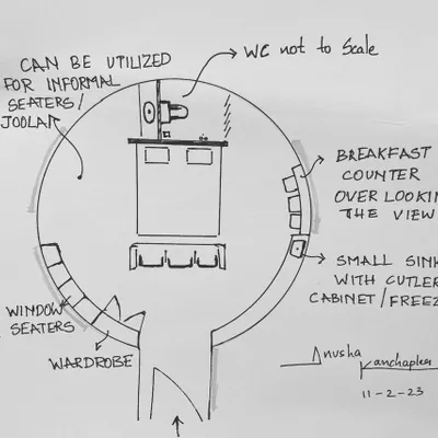 Every project begins with an idea. This is an initial concept sketch for a circular room layout, exploring space utilization with features like window seaters and a breakfast counter.