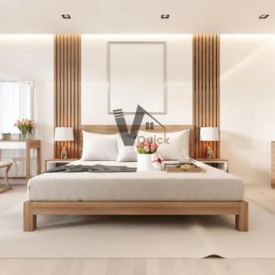 A perfect example of our design philosophy. This bedroom features clean lines, warm wood tones, and vertical paneling to create a serene and comfortable haven.