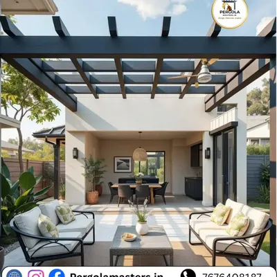 A modern rafter pergola extends from the home, creating a seamless transition between indoor and outdoor living spaces. The clean lines of the black metal frame provide partial shade, making the patio perfect for dining and relaxation.