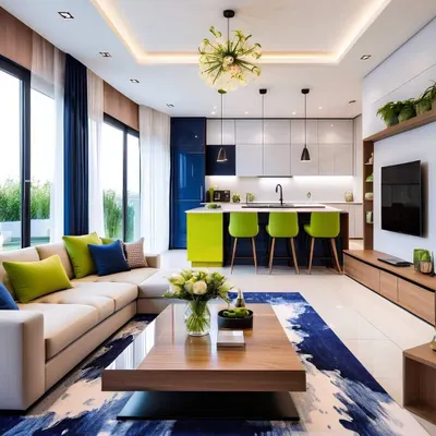 An open-plan living room and kitchen I designed. The space is tied together with a bold blue and green color scheme, featuring an L-shaped sofa and a modern TV console.
