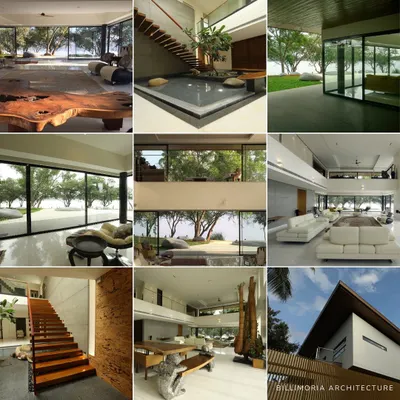 This collage provides a comprehensive look at the "Waterfront Home." It highlights the double-height living spaces, the central water court, the extensive use of glass, and the seamless connection to the lake views.