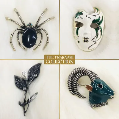 A showcase of our diverse brooch collection. This set includes a silver-tone spider with a black stone, an abstract enamel mask, a delicate leaf pin with a pearl, and a sculpted ram's head, highlighting our unique designs.