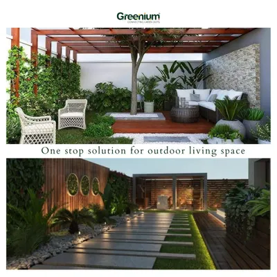 A one-stop solution for your outdoor living space. This collage shows two different styles of luxurious outdoor designs, one with a cozy pergola and another with a modern, illuminated pathway.