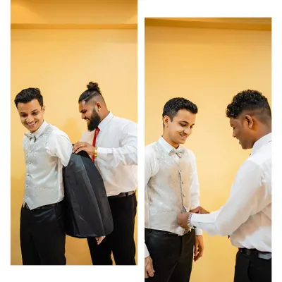 A diptych showing the groom getting help with his suit from his groomsmen. These are the candid, supportive moments that happen behind the scenes.