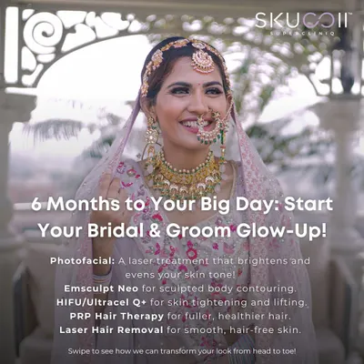 Your bridal glow-up starts here. This guide outlines a perfect treatment plan starting 6 months before your big day. It includes Photofacial for brightening, Emsculpt Neo for body contouring, HIFU for skin tightening, and PRP for healthier hair.