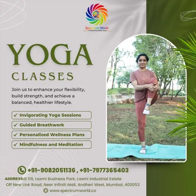 Our yoga classes are designed to help you build strength and improve balance in a supportive setting. This poster highlights our offerings, from invigorating yoga sessions to personalized wellness plans available at our Andheri West studio.