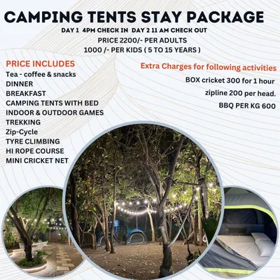 Our standard overnight camping package details. This includes pricing, check-in and check-out times, and a list of all the meals and activities included in the price.