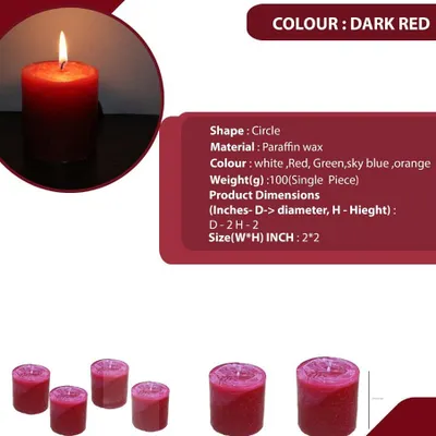 This is the product sheet for my 2x2 inch dark red pillar candle. It details the paraffin wax material, dimensions, and shows the candle both unlit and lit for reference.