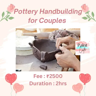 A promotional graphic for our pottery handbuilding workshop, a perfect creative date for couples.