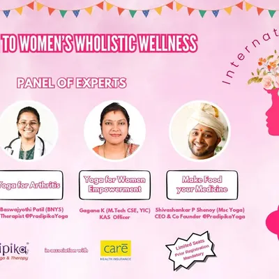 This is the official event poster for our 2025 International Women's Day seminar on the "Yogic Approach to Women's Wholistic Wellness". The panel of experts will discuss practical yoga applications for PCOS, pregnancy, and women's empowerment, along with nutrition advice.