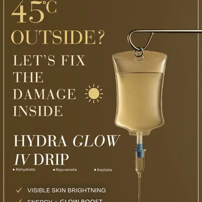 This graphic highlights my Hydra Glow IV Drip as a direct solution for the damage caused by extreme heat and a hectic lifestyle. It focuses on the key outcomes: rehydration, rejuvenation, and a radiant complexion.