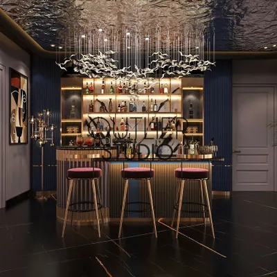Step into luxury with this bespoke bar lounge. The design features a stunning cascading chandelier over a modern bar with pink stools, black marble floors, and a reflective ceiling that amplifies the glamour.