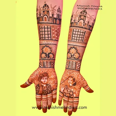 A complete bridal story on both arms. This design features portraits of the bride and groom, along with architectural drawings of a place special to them, all done with henna.