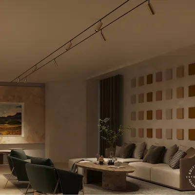 Our tiltable track lights are installed in a modern living room, providing adjustable, focused light on the art-filled wall. The sleek black track blends seamlessly with the ceiling, allowing the vibrant colors of the artwork to take center stage.