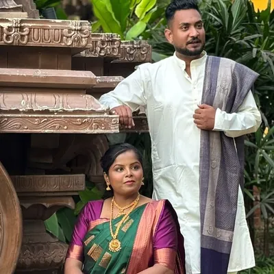 A beautiful traditional look for Dr. Brunda and Dr. Abhi's pre-wedding shoot. I styled her in a classic green silk saree with gold jewelry, creating a timeless and elegant makeup look to match.