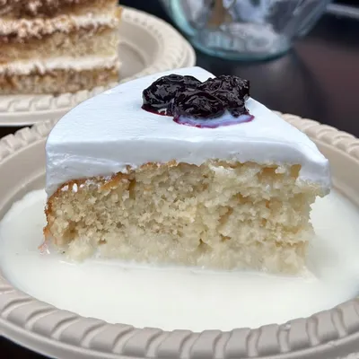 A perfect slice of our eggless Milk Pastry. You can see the soft vanilla sponge soaking in the rich milk syrup, topped with whipped cream and our homemade berry compote.