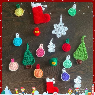 A large flat-lay showcasing the variety in my Christmas ornament collection. You can see trees, stockings, baubles, angels, and snowflakes, all handcrafted from crochet.