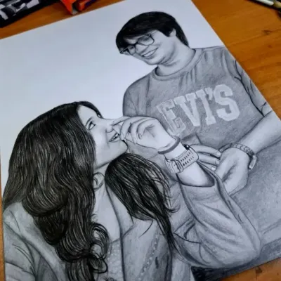 A fun, candid moment captured in an A4 sketch for a fan of Sourav Joshi. I enjoyed recreating the playful interaction in this custom portrait.