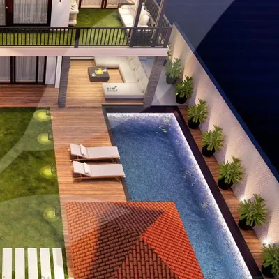 A 3D design proposal for a villa backyard in Tatvam Villas, Gurgaon. The plan includes a sleek lap pool, a wooden deck with loungers, a green lawn, and a multi-level seating area for a complete outdoor lifestyle.
