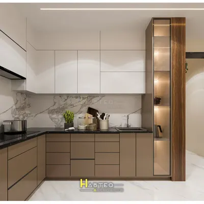 A 3D render of a compact L-shaped kitchen. This design features a dual-tone scheme with white upper cabinets and beige lower cabinets, a marble backsplash, and a tall, glass-fronted pantry unit.