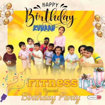 A personalized graphic celebrating Ruhaan's fitness-themed birthday party. We love creating these special keepsakes for the birthday boy or girl.