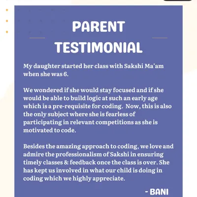 A parent shares how her 6-year-old daughter, who has been with me for two years, has become fearless in competitions. This testimonial speaks to how my teaching approach builds not just logic, but also motivation and confidence from a very young age.