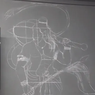This is the foundational sketch for the Lord Hanuman mural. I use this grid method to scale my designs perfectly, ensuring the final painting is balanced and accurate, no matter the size of the wall.