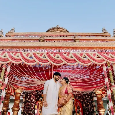 A mandap fit for royalty. We designed this magnificent temple-style structure for a wedding at Valura, capturing the grandeur of South Indian heritage with intricate details and a breathtaking scale.