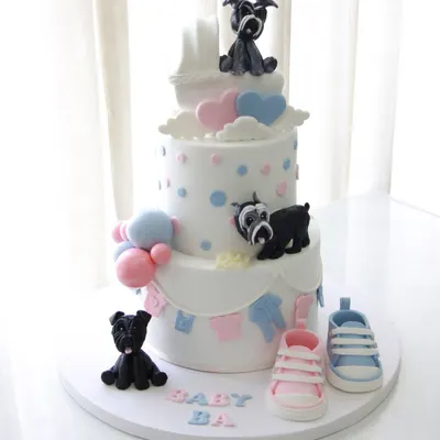 A dreamy three-tiered baby shower cake for a client whose journey I've been a part of from their engagement to their wedding. This cake features pink and blue details, tiny baby shoes, and adorable fondant schnauzer dogs to include their fur babies in the celebration.