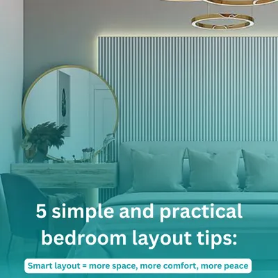 A smart layout is the key to a peaceful bedroom. This design features a statement accent wall, elegant pendant lighting, and a floating vanity to create a modern, uncluttered look.