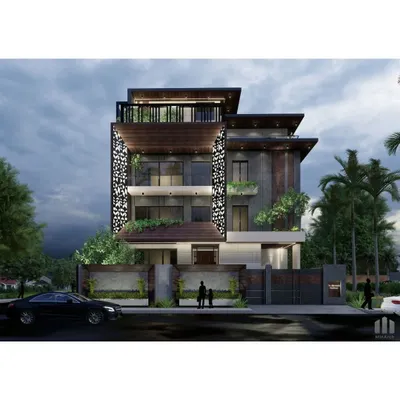 The facade of the 'Meraki' residence, designed for a doctor's family as a place of peace and comfort. The design uses a decorative screen (jaali), integrated planters, and strong horizontal lines to create a modern yet serene exterior.