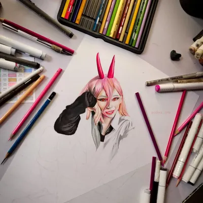 A finished portrait of Power from Chainsaw Man, created using a mix of alcohol markers and colored pencils. This piece shows how we can apply realistic techniques to anime and fan art.