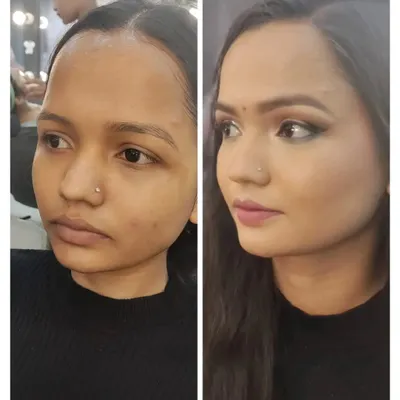 A perfect example of a "no filter" makeup transformation. This before-and-after shot highlights how to enhance natural beauty with a flawless base, soft eye definition, and a balanced lip color for a clean, polished look.