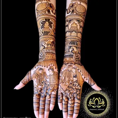 A complete bridal mehandi set showcasing a variety of traditional elements. This design includes couple figures, wedding rituals, elephants, and intricate filler patterns for a truly grand look.