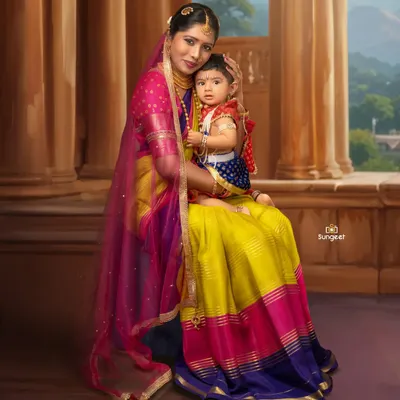 A mother's love is a masterpiece. This stunning portrait captures a mother and her child in a traditional, regal setting, resembling a classic painting. It's a timeless piece of art for their family.