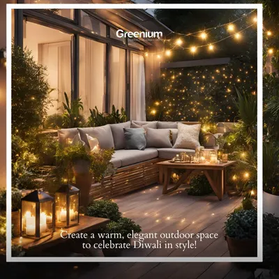 I can help you create a warm and elegant outdoor space to celebrate Diwali in style. This concept shows a cozy terrace with string lights, lanterns, and lush greenery, perfect for festive evenings.