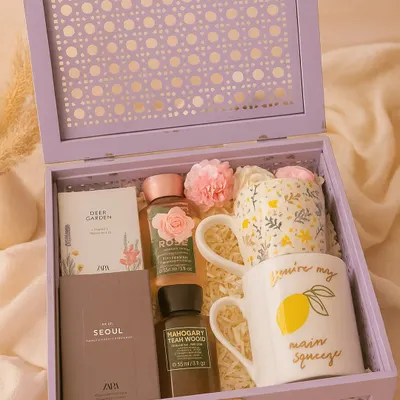 A luxurious gift for the perfect couple. This beautiful lavender box includes "his and hers" Zara mini perfumes and Bath & Body Works mini shower gels, along with two charming coffee mugs.