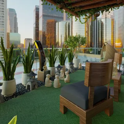 We designed this zen balcony as a peaceful escape from the city. The space features artificial turf, low-maintenance snake plants, miniature pagoda statues, and comfortable wooden seating, creating a tranquil corner for meditation or relaxation.