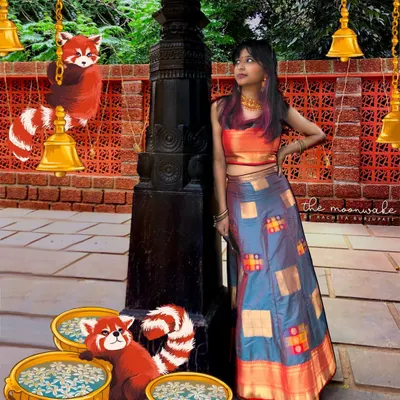 A whimsical photo illustration where I've added playful red pandas and temple bells to a photo of me in a traditional South Indian outfit. This is where my imagination runs free.