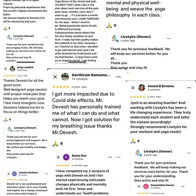 I am deeply grateful for the trust my clients place in me. This collage of reviews highlights the positive impact of my personalized yoga and fitness programs on their physical and mental well-being.