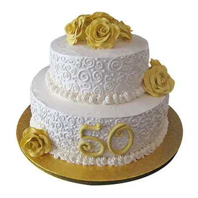 Celebrate a golden anniversary or a 50th birthday in style with this two-tier cake. It features elegant scrollwork, golden sugar roses, and the number "50" to mark the special milestone.