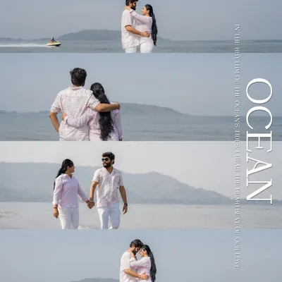A collage from a pre-wedding shoot at Kashid beach, showing a variety of romantic and playful moments by the ocean. We explore different spots to give you a diverse collection of memories.