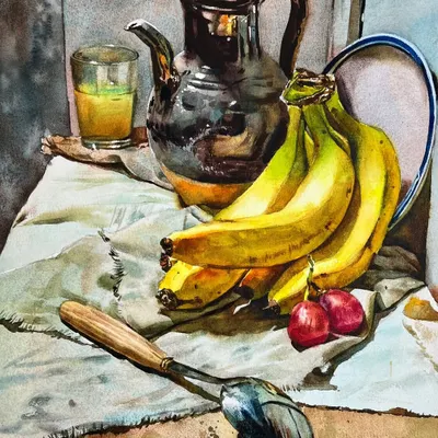 A classic still life composition. This painting is a great exercise in rendering different textures, from the metallic sheen of the pitcher and the soft, matte surface of the bananas to the reflective glass.