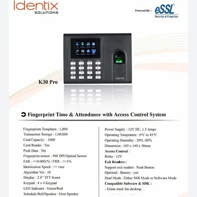 This is the Identix K30 Pro, a fingerprint time and attendance system powered by eSSL. It's a reliable solution for businesses to manage employee attendance and control access to secure areas.